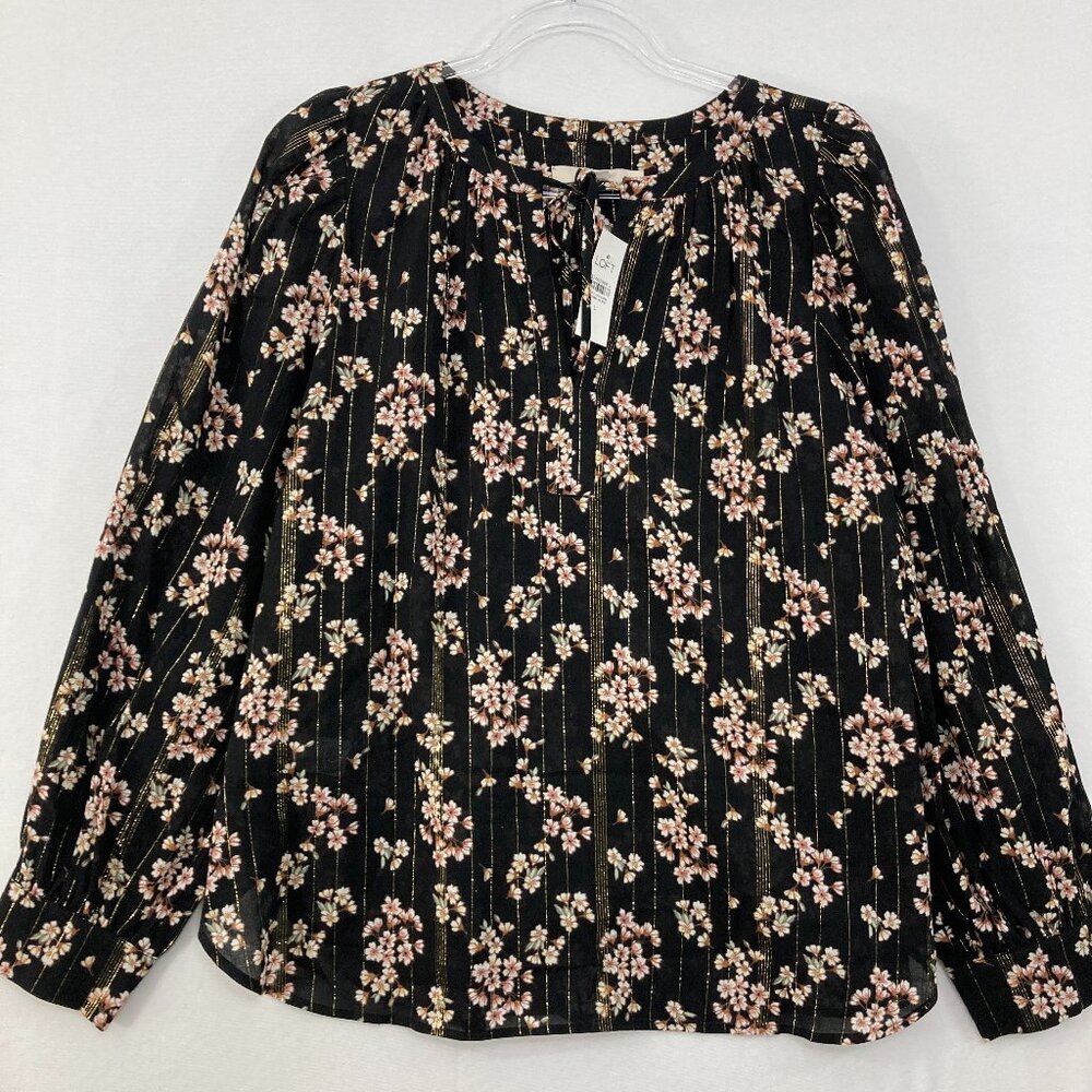 New LOFT Large Dark Floral Tie Front Metallic Striped Long Sleeve Elegant Blouse